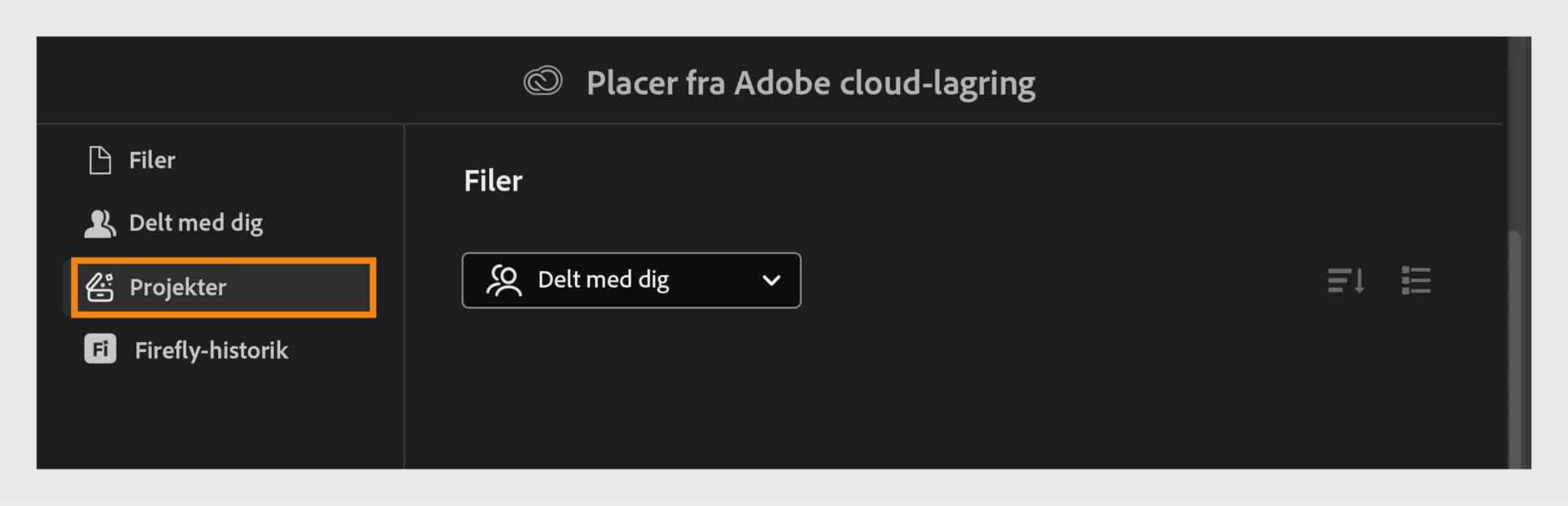 Åbn fanen Projekter i Adobe cloud-lagring for at gennemse og administrere filer, der er delt med dig.