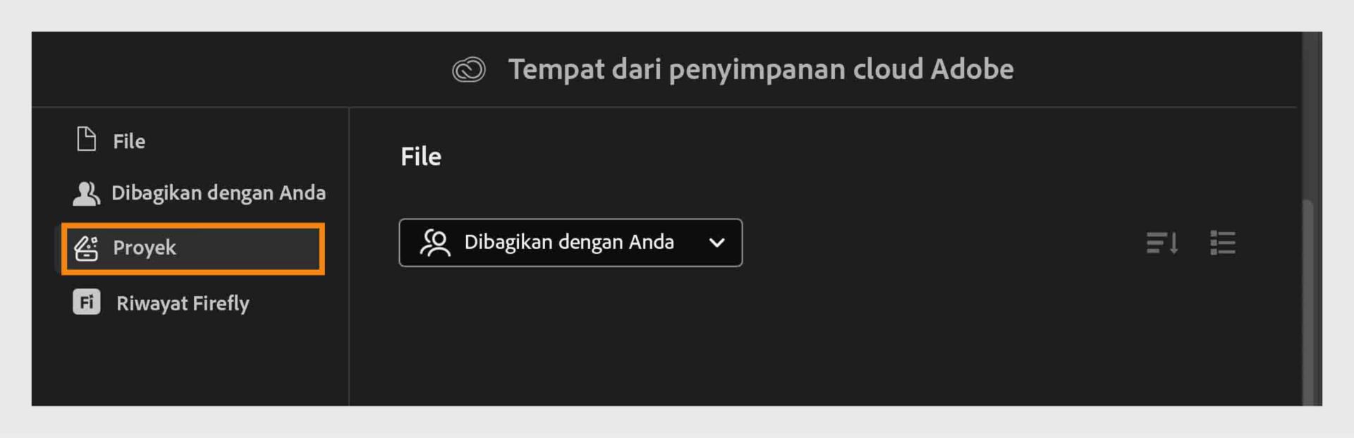 Buka tab Proyek di penyimpanan cloud Adobe untuk menelusuri dan mengelola file yang dibagikan dengan Anda.