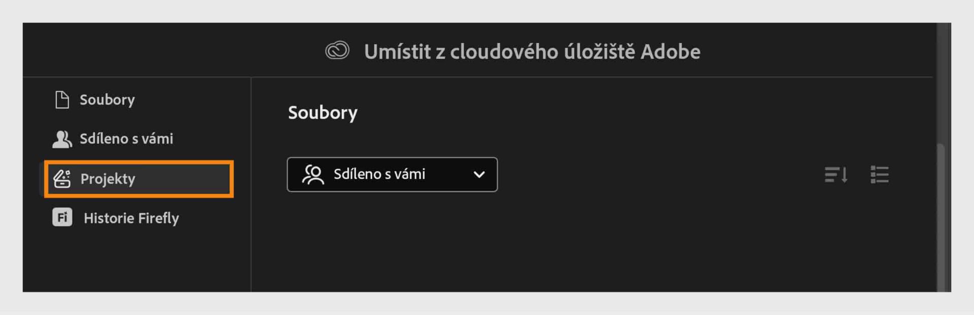 Otevřete kartu Projekty v cloudovém úložišti Adobe pro procházení a správu souborů sdílených s vámi.