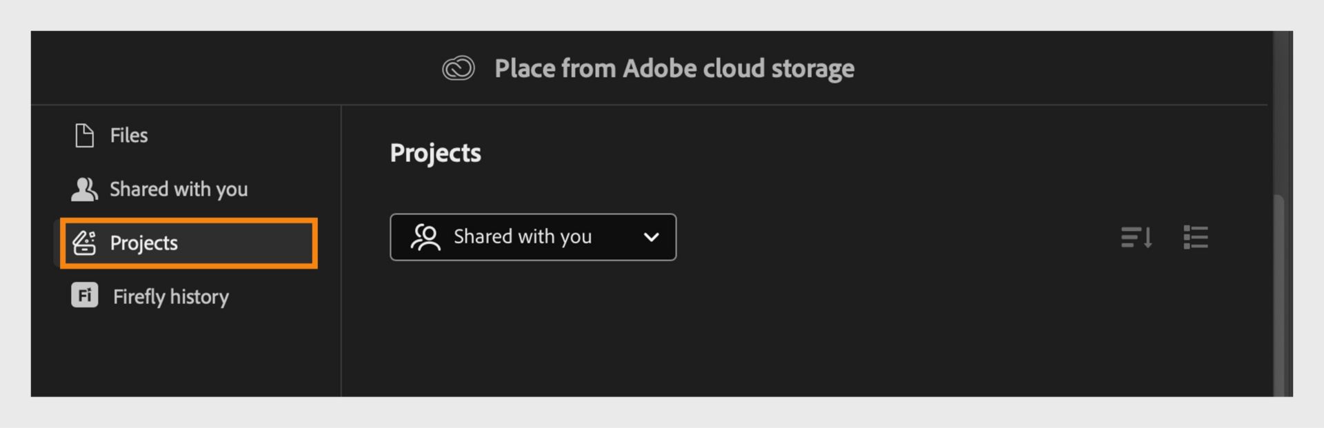 Adobe mākoņkrātuvē atveriet cilni Projekti, lai pārlūkotu un pārvaldītu ar jums koplietotos failus.
