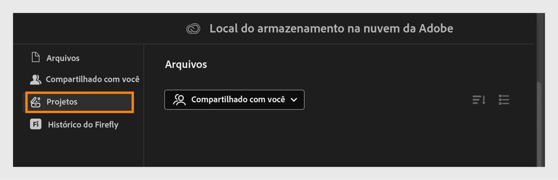 Abra a guia Projetos no armazenamento na nuvem da Adobe para explorar e gerenciar arquivos compartilhados com você.