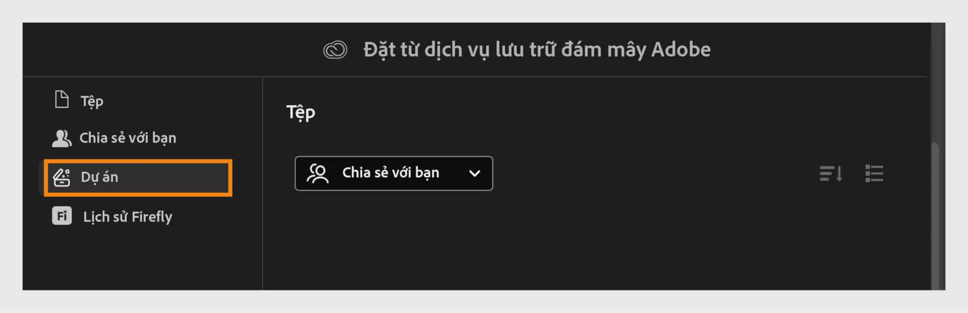 Mở tab Dự án trong dịch vụ lưu trữ đám mây Adobe để duyệt và quản lý các tập tin được chia sẻ với bạn.