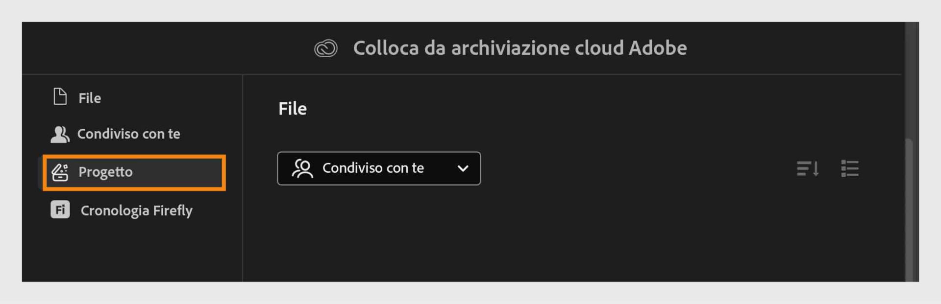 Apri la scheda Progetti nell'archiviazione cloud Adobe per sfogliare e gestire i file condivisi con te.