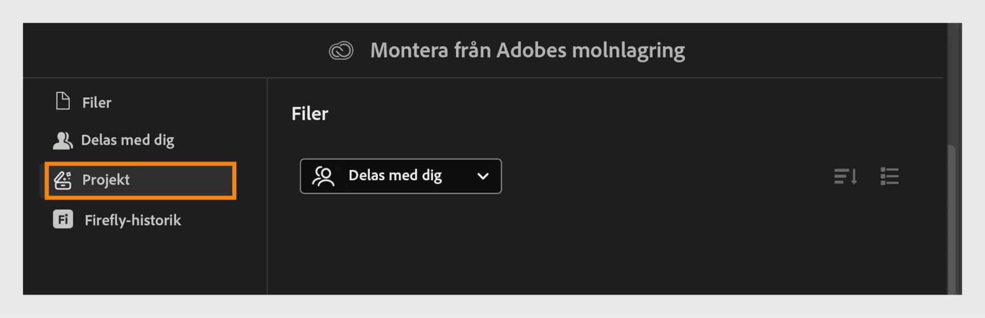 Öppna fliken Projekt i Adobes molnlagring för att bläddra och hantera filer som delats med dig.