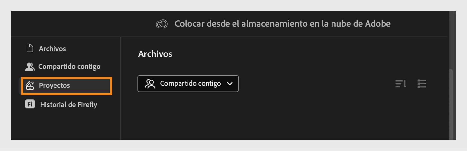 Abre la pestaña Proyectos en el Almacenamiento en la nube de Adobe para examinar y administrar los archivos compartidos contigo.