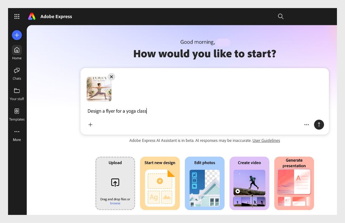 The Adobe Express homepage with a prompt bar containing the text "Design a flyer for a yoga class" and an attached yoga image as a reference.