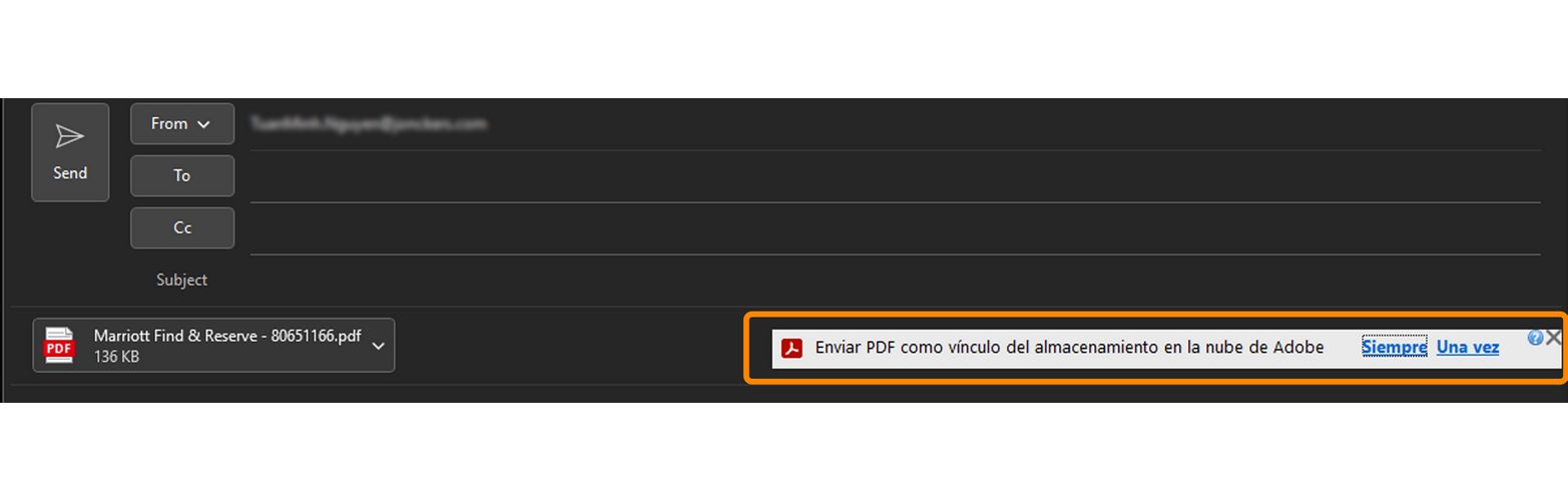 Vínculo de sí/no de Adobe Document Cloud en el cuadro de entrada del archivo adjunto