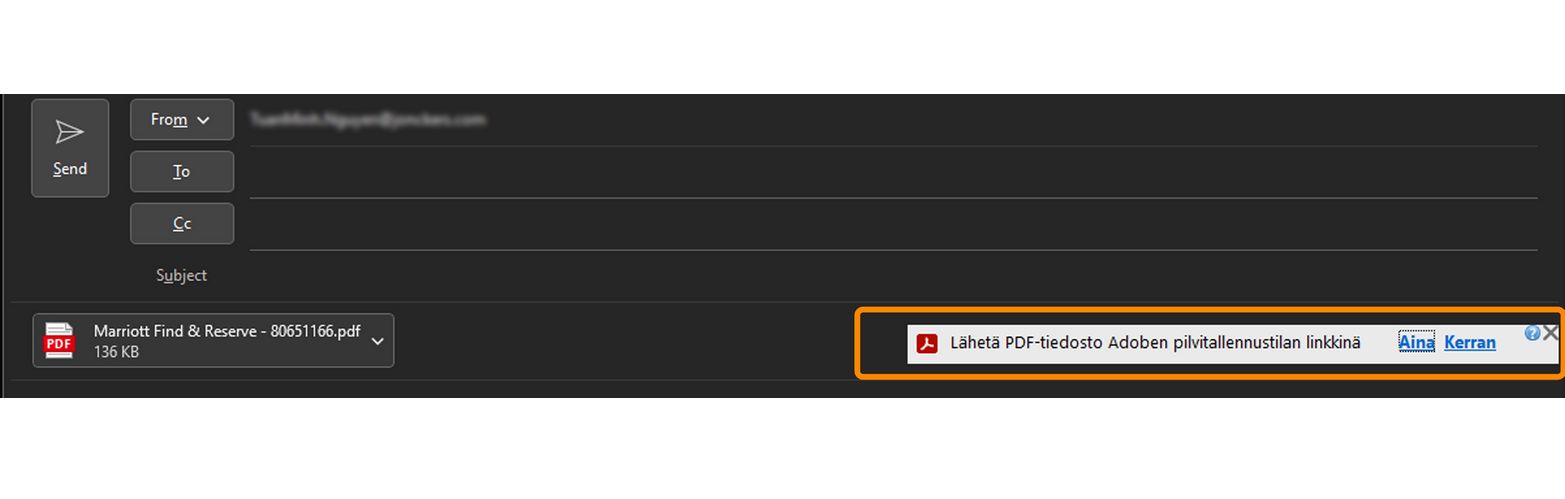 Adobe Document Cloudin kyllä/ei-linkki liitteen syöttöruudussa