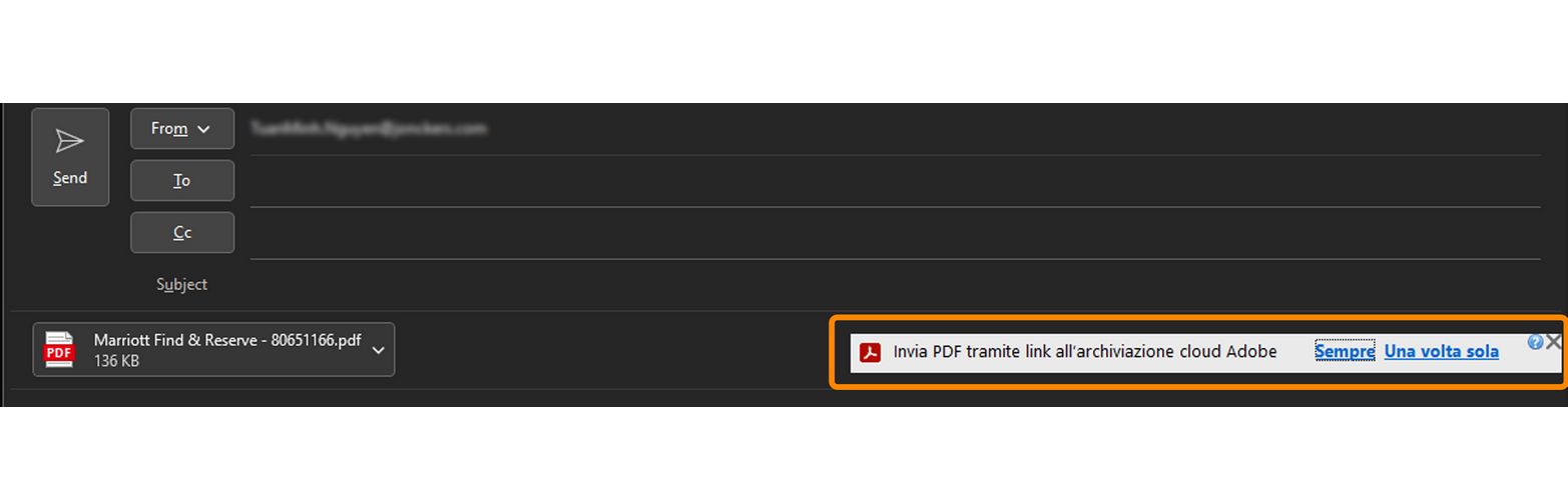 Opzioni Sì/No per inviare o meno il file come allegato Adobe Document Cloud