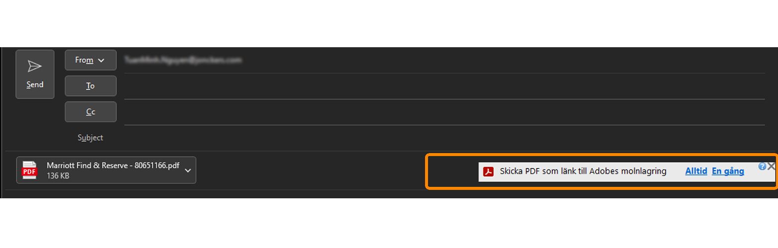 Ja/Nej-länk för Adobe Document Cloud i fältet för bifogade filer