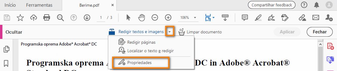 Propriedades de redação