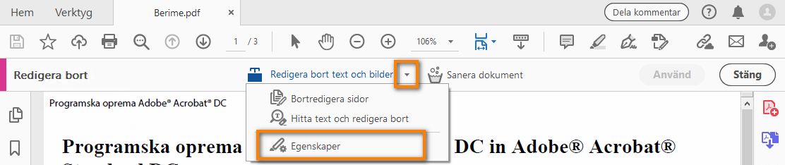 Egenskaper för bortredigering