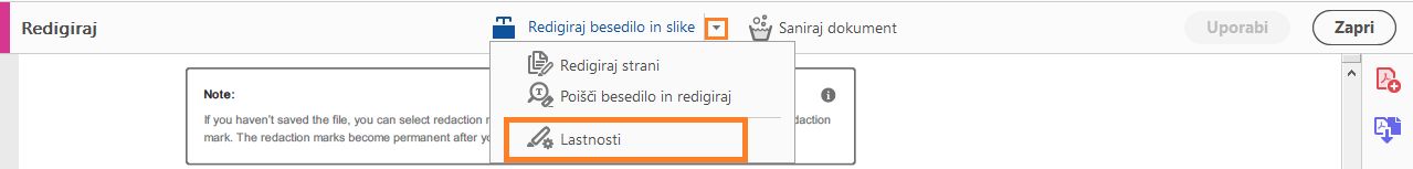 Lastnosti redigiranja