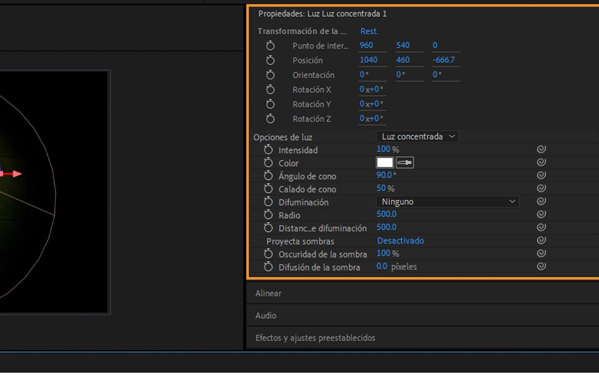 El panel Propiedades muestra la Transformación de la capa y las Opciones de luz de la capa Luz seleccionada. Hay múltiples opciones para especificar la configuración de las transformaciones de capa y de luz.