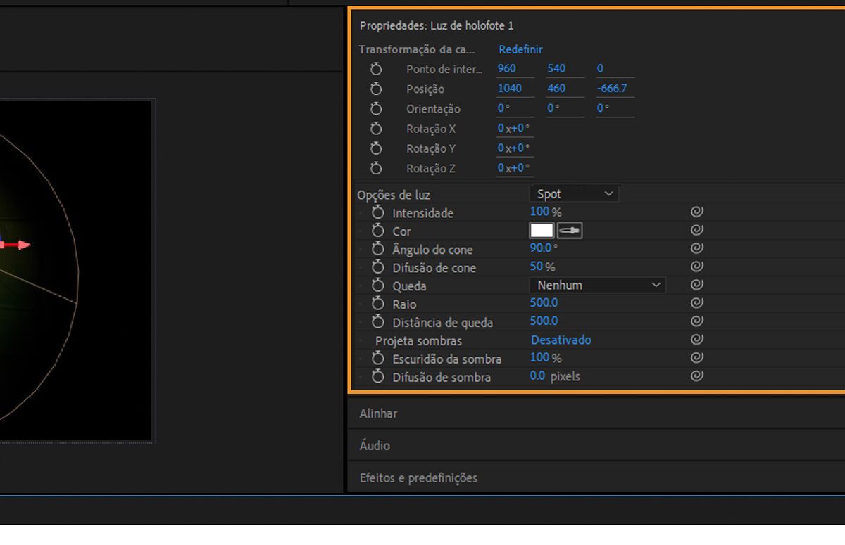 O painel Propriedades mostra as opções de Transformação de camada e luz da camada de luz selecionada. Existem várias opções para especificar as configurações de transformação de camada e luz.
