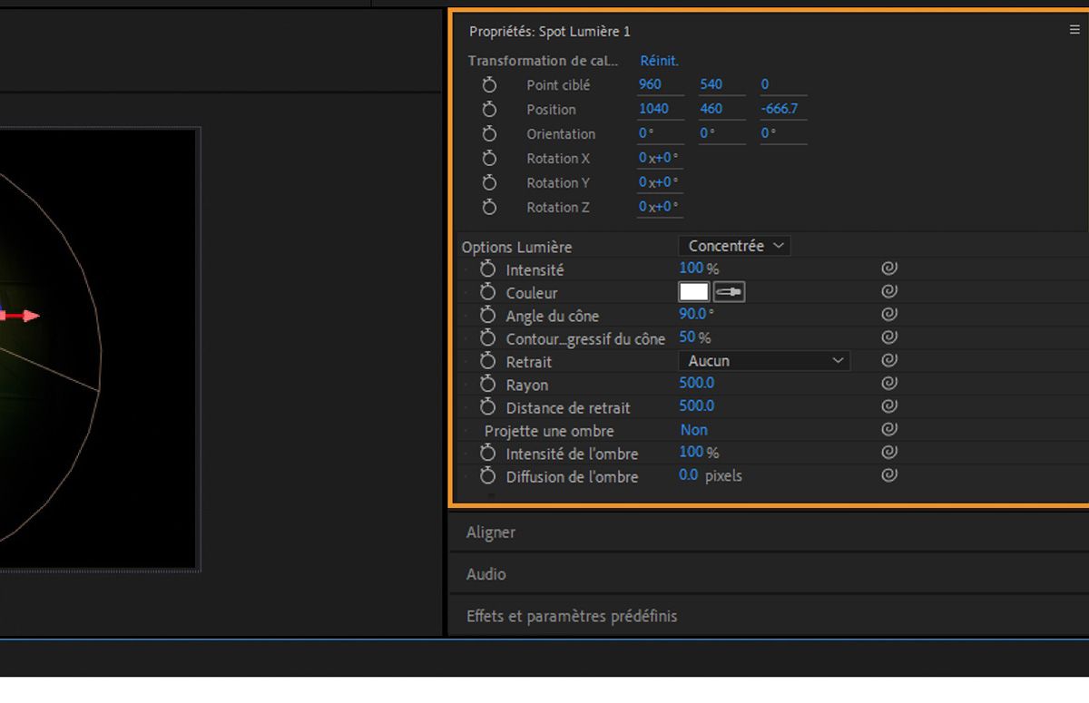 Le panneau Propriétés affiche la transformation du calque et les options d’éclairage du calque de lumière sélectionné. De nombreuses options permettent de spécifier les transformations de calque et les paramètres de lumière.