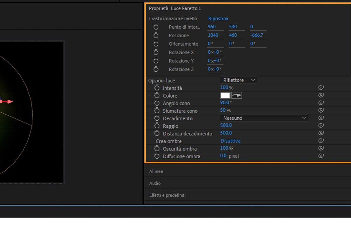 Il pannello Proprietà mostra Trasformazione livello e Opzioni luce del livello luce selezionato. Sono disponibili più opzioni per specificare le trasformazioni del livello e le impostazioni della luce.