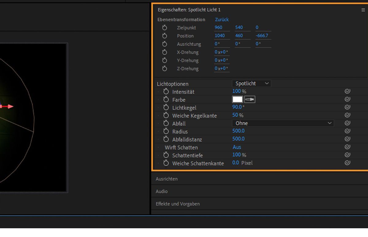 Das Bedienfeld „Eigenschaften“ zeigt die Ebenentransformation und die Lichtoptionen der ausgewählten Lichtebene an. Es gibt mehrere Optionen zum Einrichten der Ebenentransformationen und Lichteinstellungen.