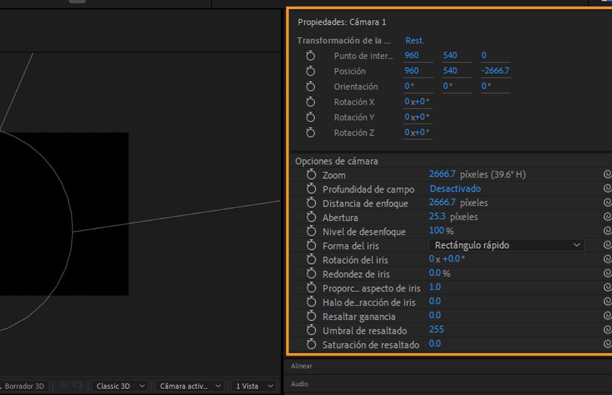 El panel de Propiedades muestra la Transformación de la capa y las Opciones de Cámara de la capa de Cámara seleccionada. Hay múltiples opciones para especificar las transformaciones de la capa y la configuración de la cámara.