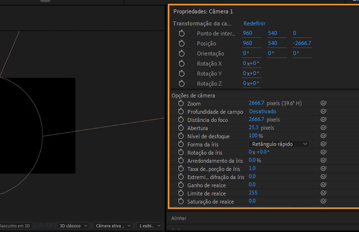 O painel Propriedades mostra as opções Transformação de camada e Câmera da camada de câmera selecionada. Existem várias opções para especificar as transformações da camada e as configurações da câmera.