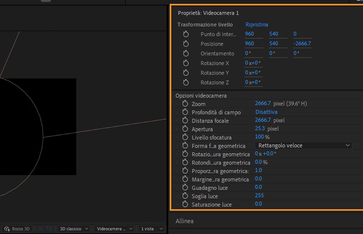Il pannello Proprietà mostra la trasformazione del livello e le opzioni della videocamera del livello videocamera selezionato. Sono disponibili più opzioni per specificare le trasformazioni del livello e le impostazioni della videocamera.