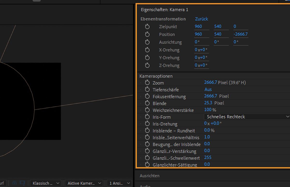 Das Bedienfeld „Eigenschaften“ zeigt die Ebenentransformation und die Kameraoptionen der ausgewählten Kameraebene an. Es gibt mehrere Optionen zum Einrichten der Ebenentransformationen und Kameraeinstellungen.