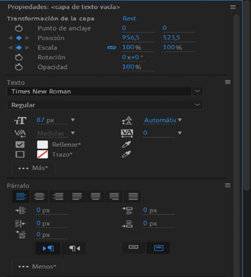 Panel Propiedades de una capa de texto