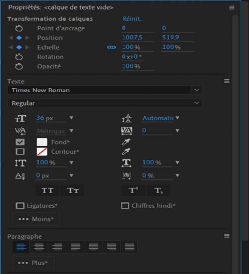 Panneau Propriétés pour un calque de texte