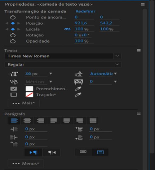 Painel Propriedades de uma camada de texto