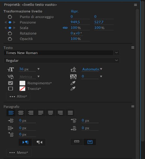 Pannello Proprietà per un livello di testo