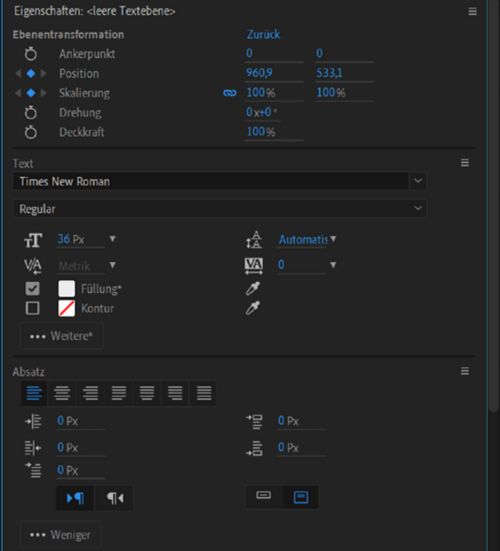 Eigenschaften-Bedienfeld für eine Textebene