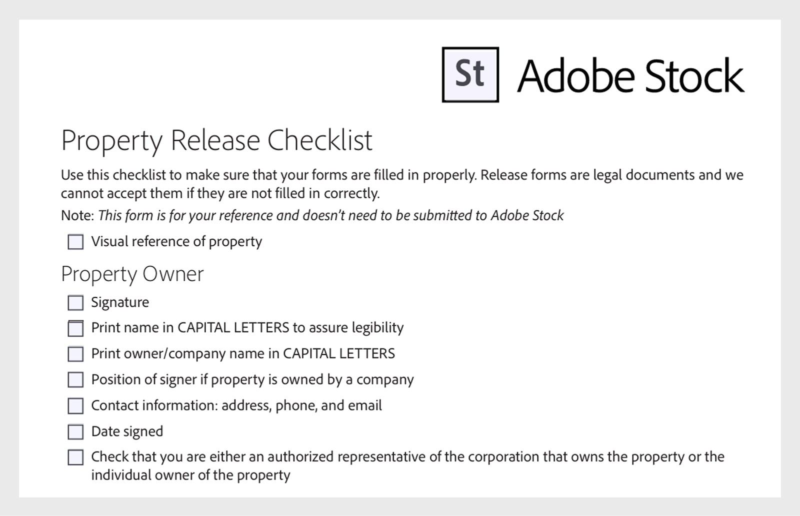 Formular med tjekliste til Adobe Stock-ejendomsaftale, som omfatter sektioner til ejendomsejerdetaljer, ejendomsoplysninger, kunstneroplysninger og vidnekrav med afkrydsningsfelter til hvert punkt.