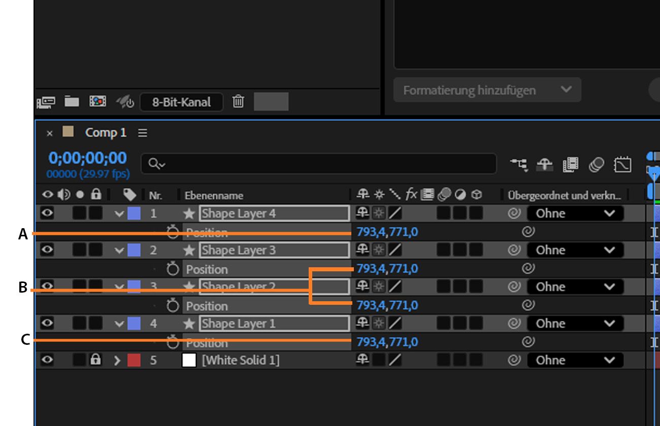 Die Formebenen sind geöffnet und die Position-Eigenschaft wird in der Timeline angepasst.