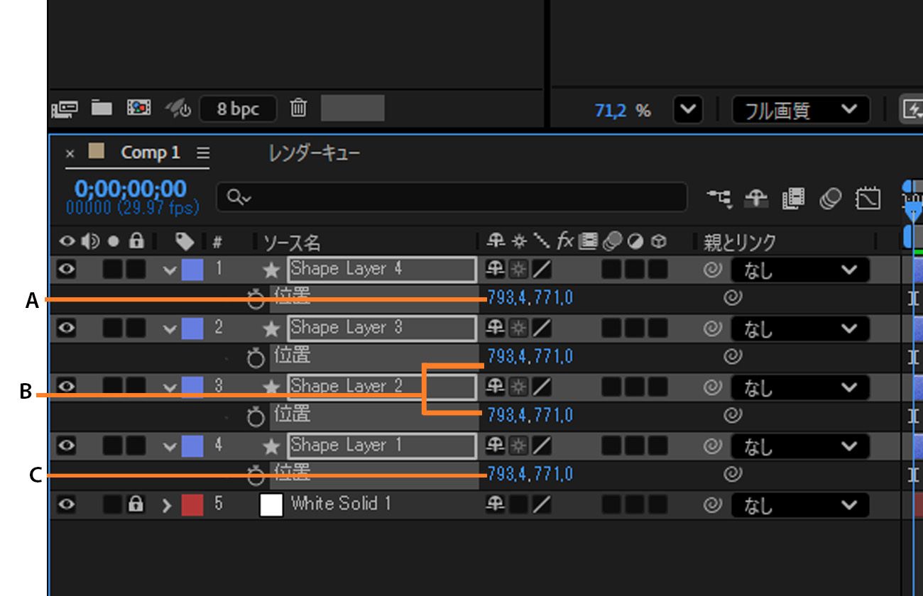 シェイプレイヤーが開かれ、タイムラインで位置プロパティが調整されています。