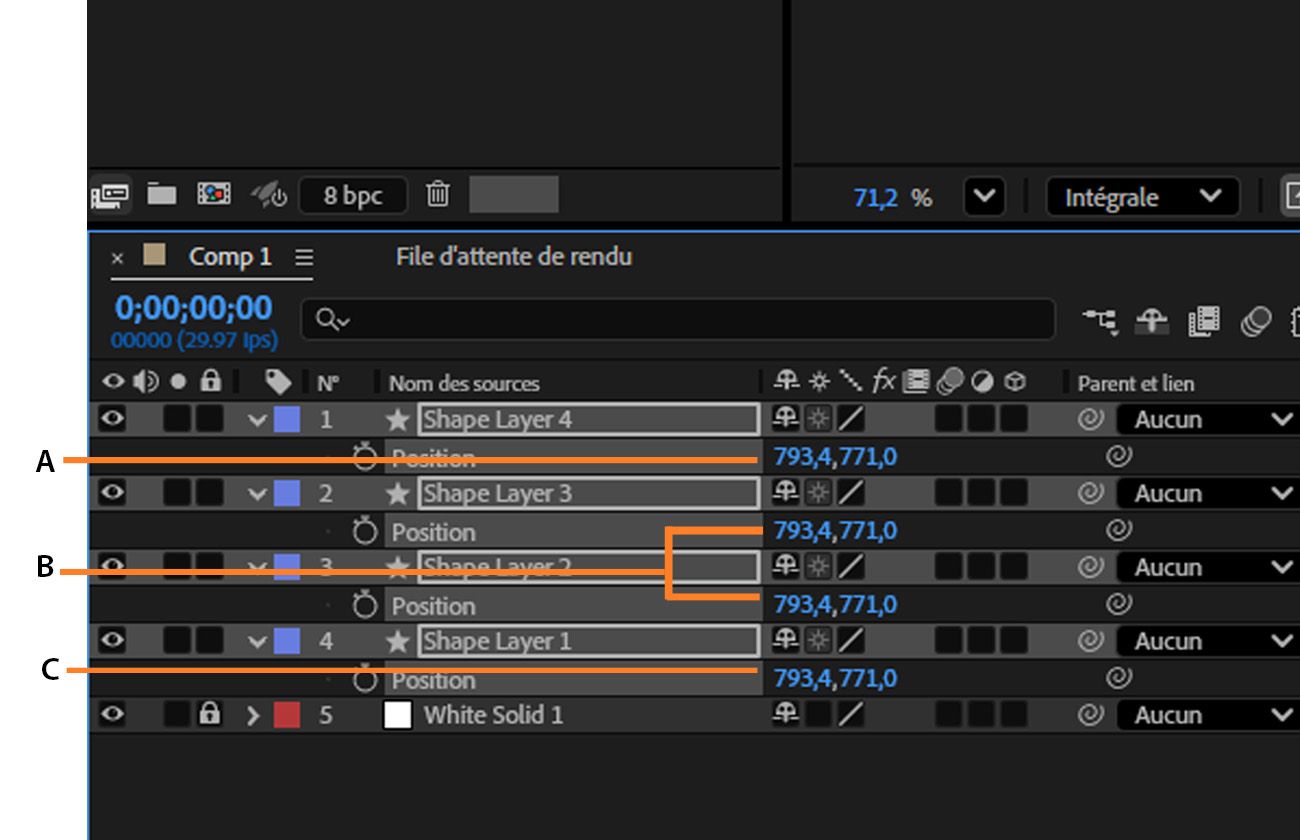 Les calques de forme sont ouverts et la propriété Position est ajustée dans la chronologie.