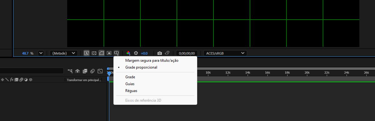 O menu de contexto de seleção de opções de grades e guias aberto com a opção “Grade proporcional” selecionada.