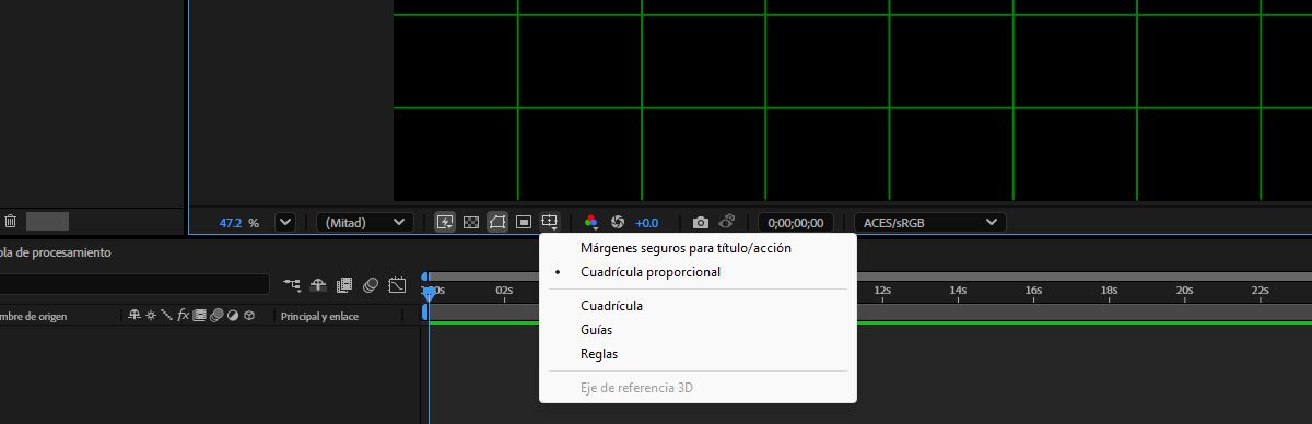 El menú contextual Elegir opciones de cuadrícula y de guía está abierto y se selecciona la cuadrícula proporcional.