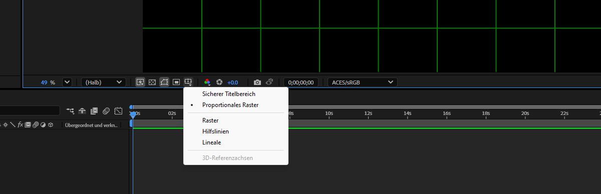 Das Kontextmenü „Optionen für Raster und Hilfslinien wählen“ ist geöffnet und „Proportionales Raster“ ist ausgewählt.