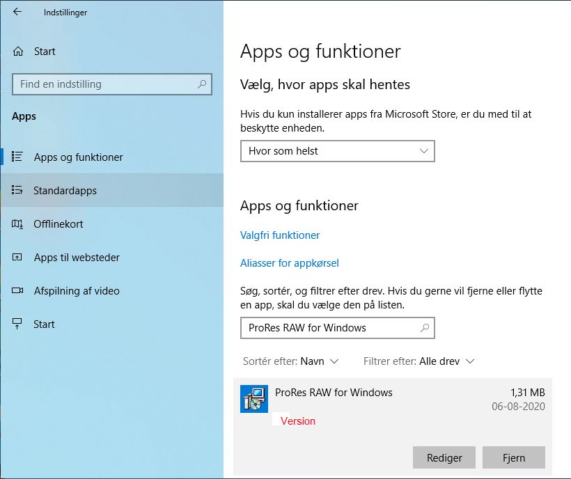 Kontrol af ProRes RAW-dekoderversionen i Windows