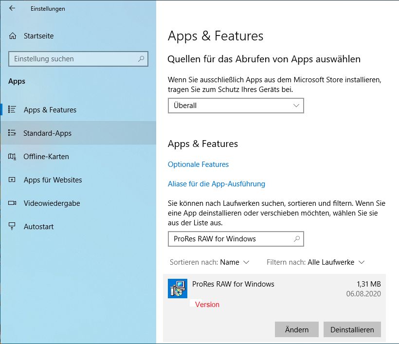 Überprüfen der ProRes RAW-Decoder-Version auf deinem Windows-Computer