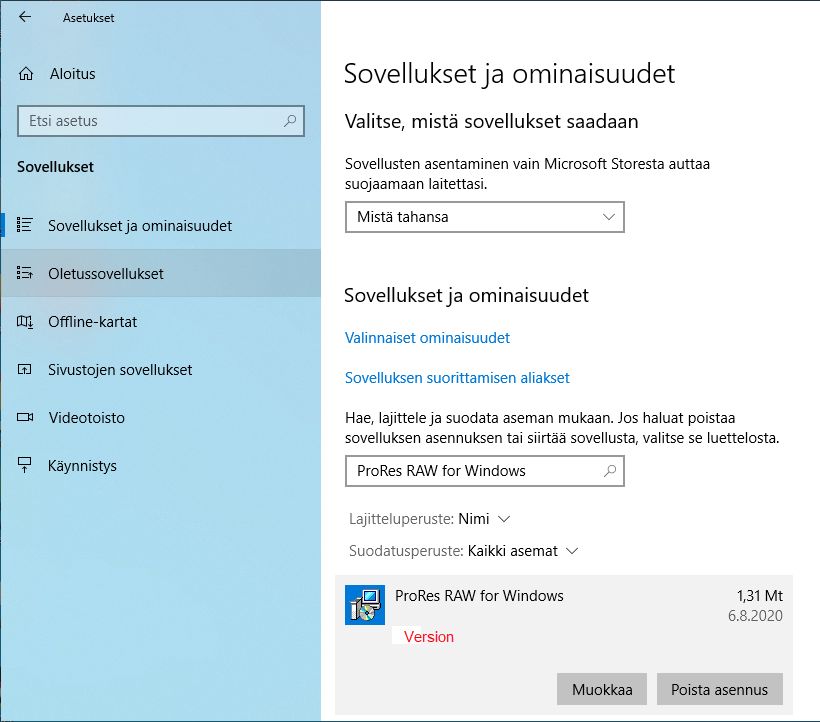 ProRes RAW -dekooderin version tarkistaminen Windows-tietokoneella