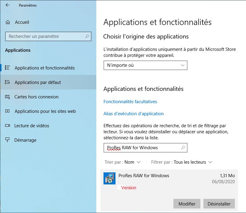 Vérification de la version du décodeur ProRes RAW sur votre machine Windows