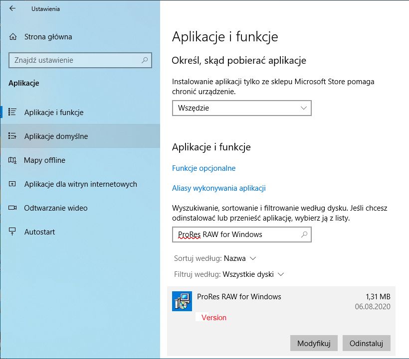 Sprawdzanie wersji dekodera ProRes RAW na komputerze z systemem Windows