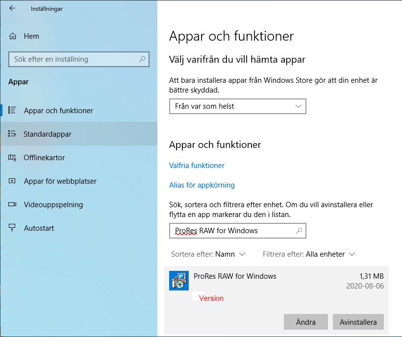 Kontrollera vilken version av ProRes RAW-avkodare som finns på Windows-datorn