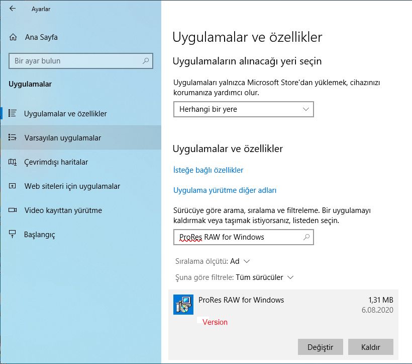 Windows makinenizde ProRes RAW kod çözücünün sürümünü kontrol etme