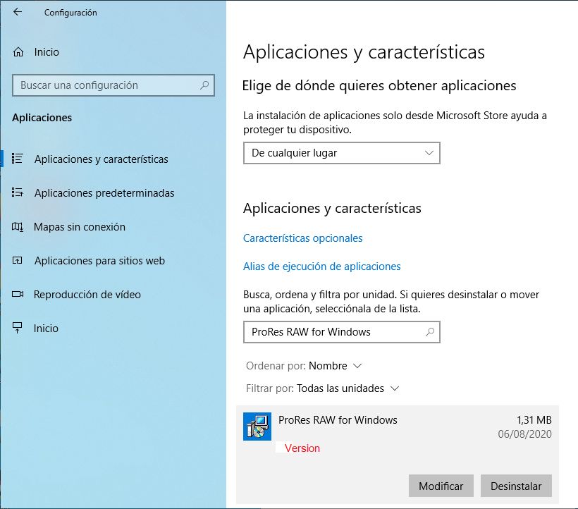 Comprobación de la versión del decodificador ProRes RAW en el equipo Windows