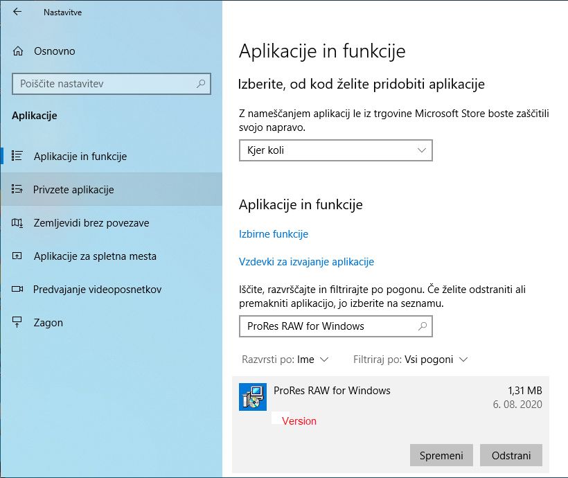Preverjanje različice ProRes RAW dekoderja na računalniku Windows