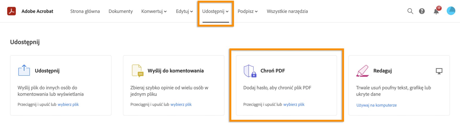 Wybór opcji Chroń plik PDF