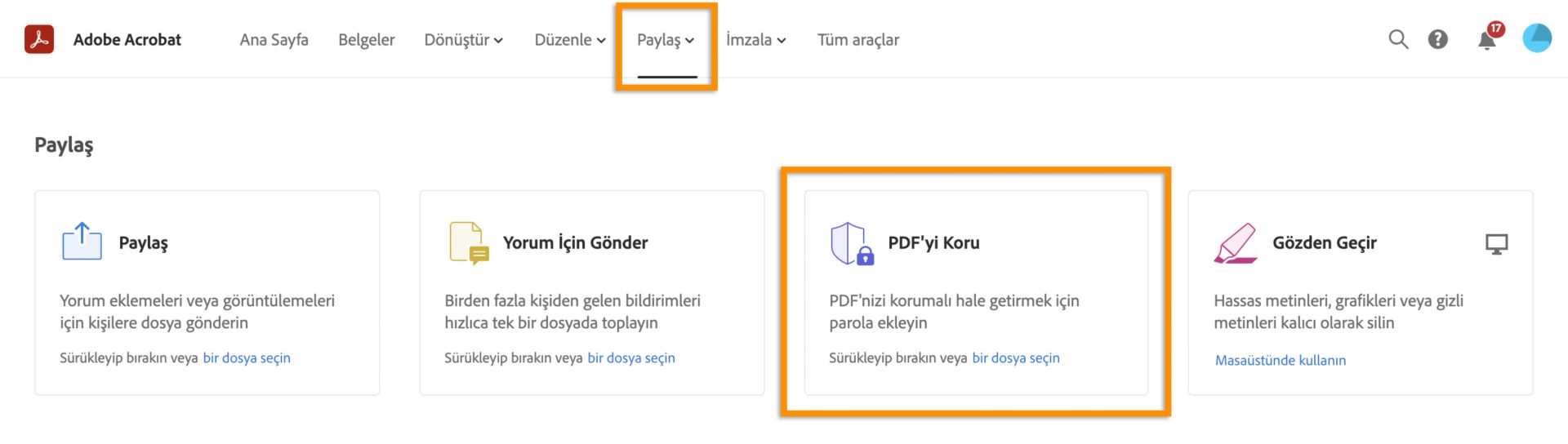 PDF'yi Korumalı Hale Getir öğesini seçme