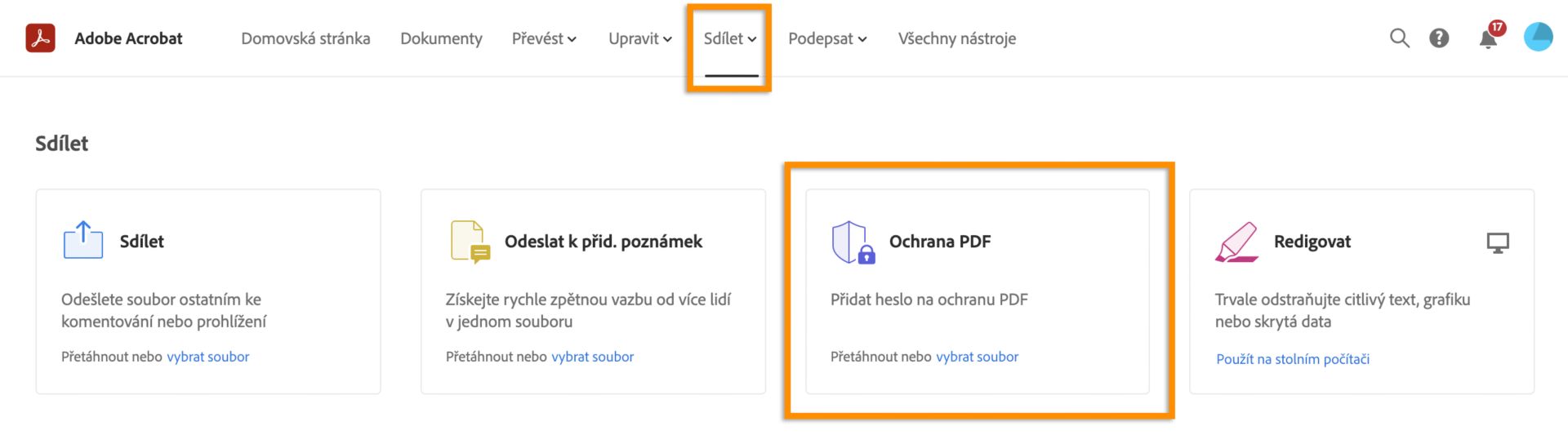 Vyberte možnost Ochrana PDF